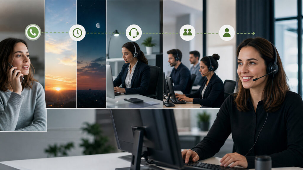 Editorial business scene illustrating business call routing
