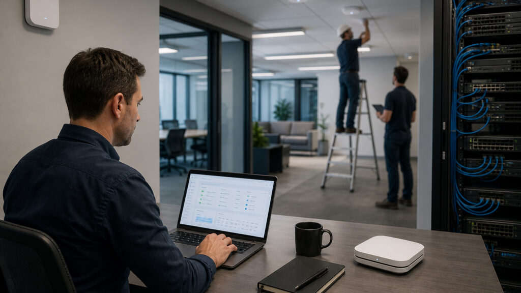 Editorial business scene illustrating business mesh wifi systems permission structure