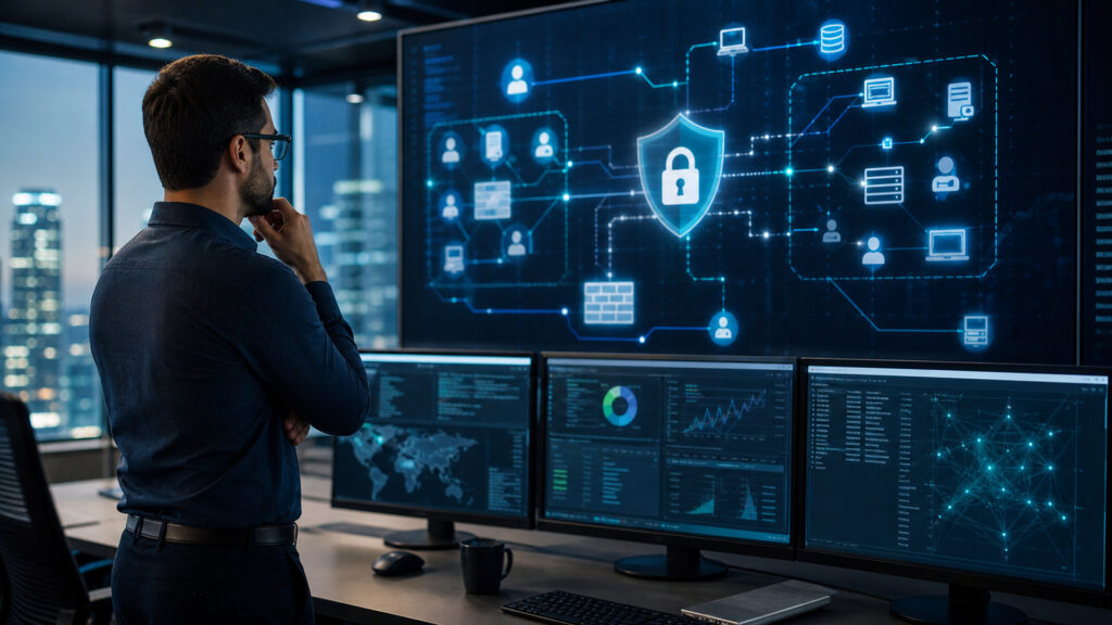 Editorial business scene illustrating business network security
