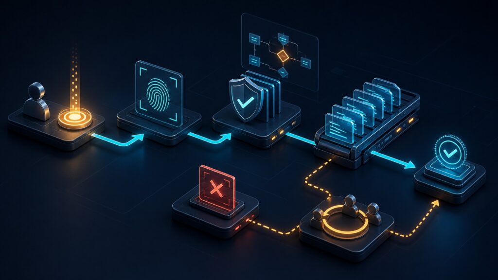 Editorial business scene illustrating business process automation software data flow