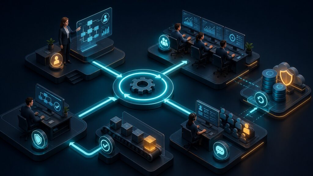 Editorial business scene illustrating business process automation software operating model