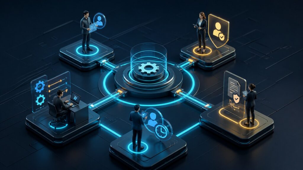 Editorial business scene illustrating business process automation software permission structure