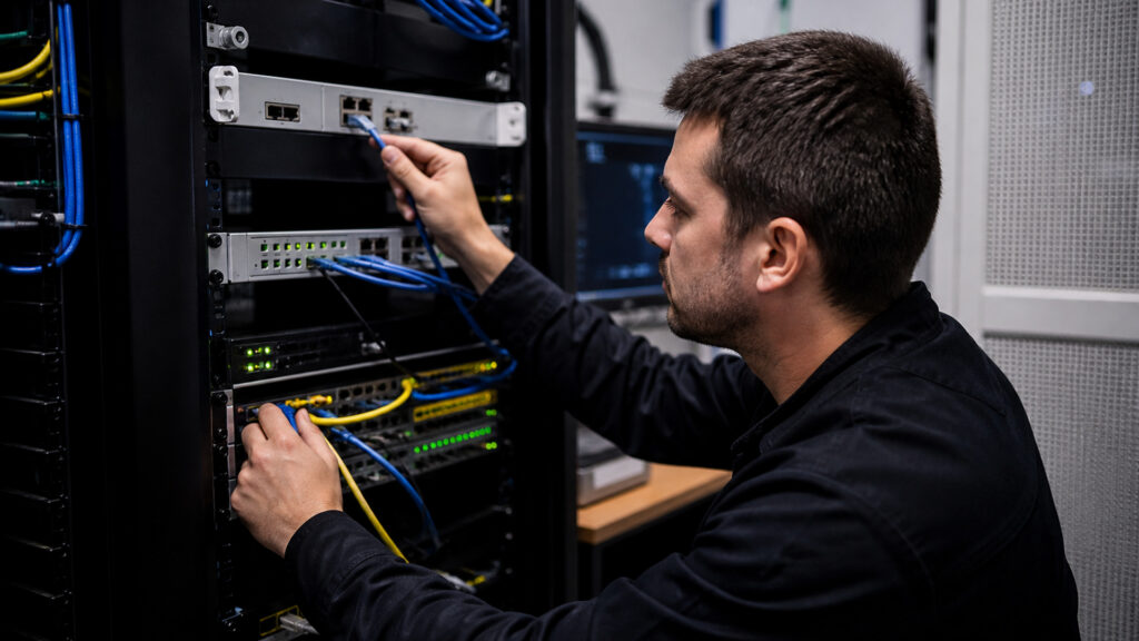 Editorial business scene illustrating business routers data flow