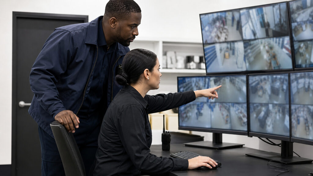 Editorial business scene illustrating business security camera systems workflow role