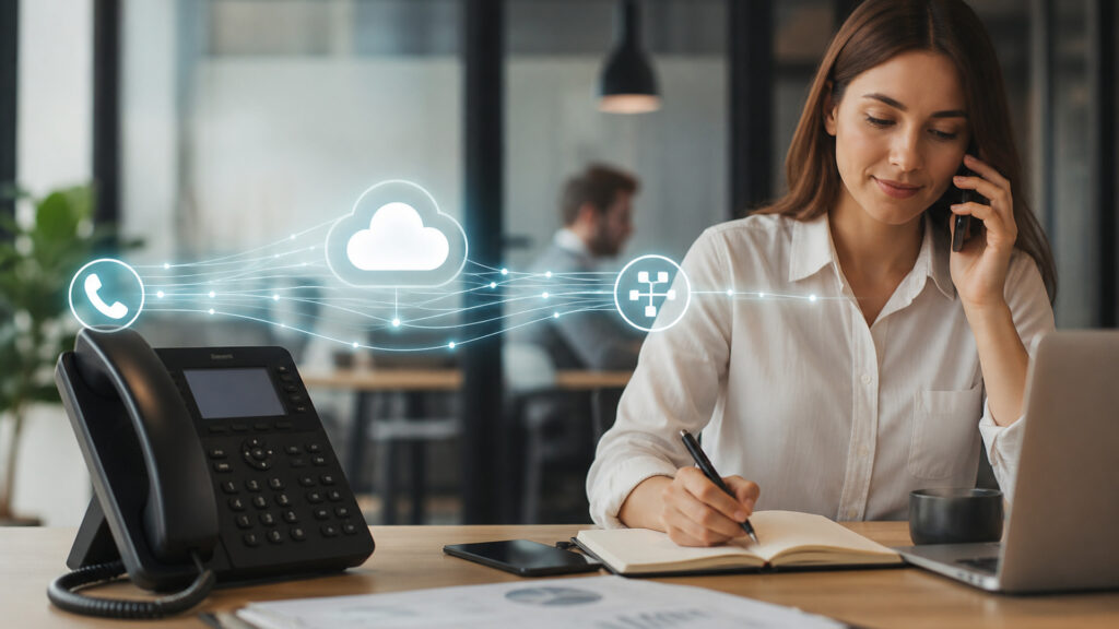 Editorial business scene illustrating business virtual phone numbers data flow