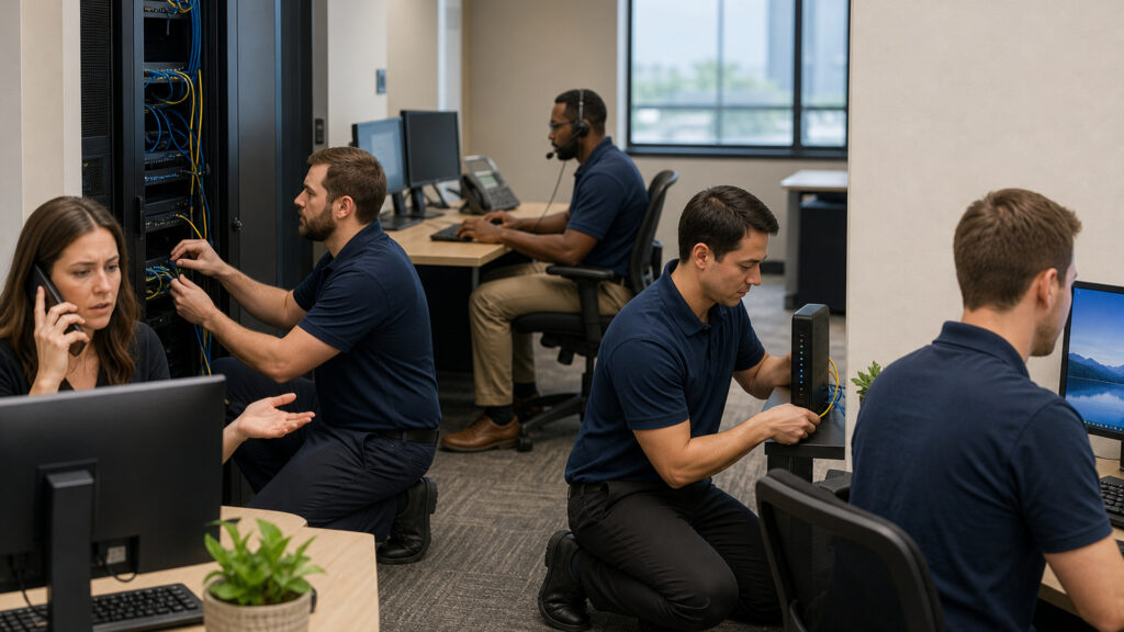 Editorial business scene illustrating cable business internet workflow role