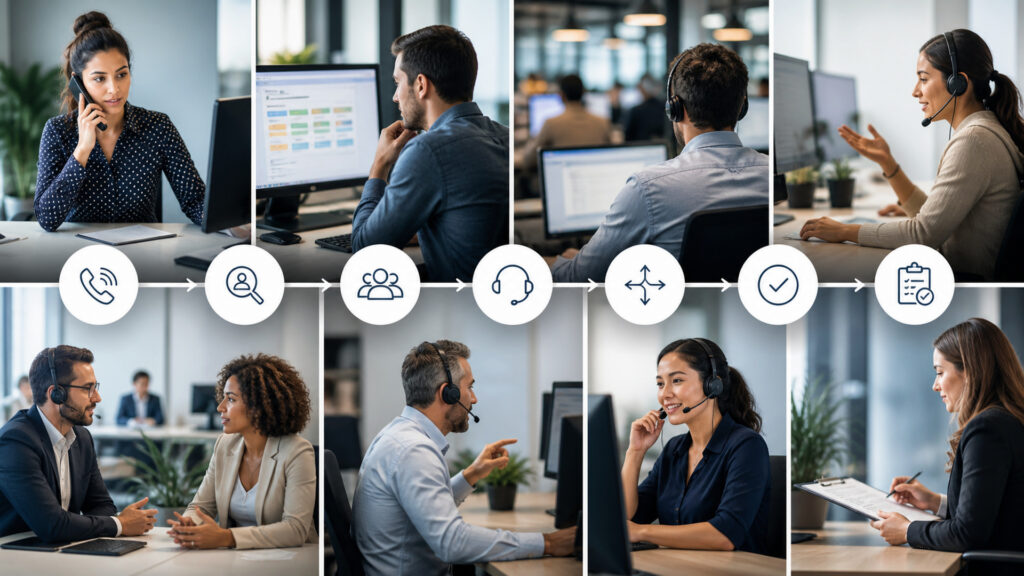 Editorial business scene illustrating call center systems workflow role