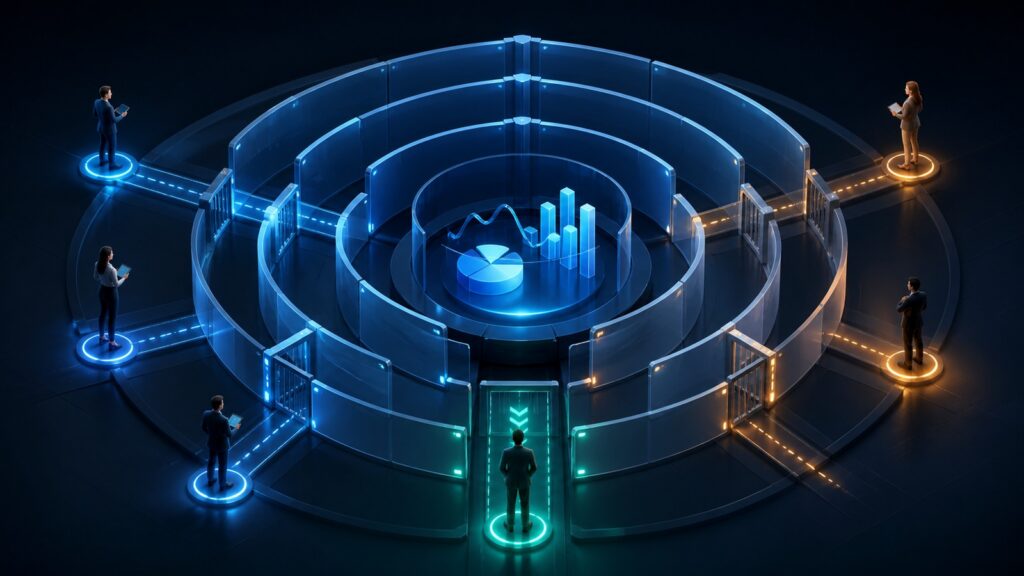 Editorial business scene illustrating campaign analytics tools permission structure