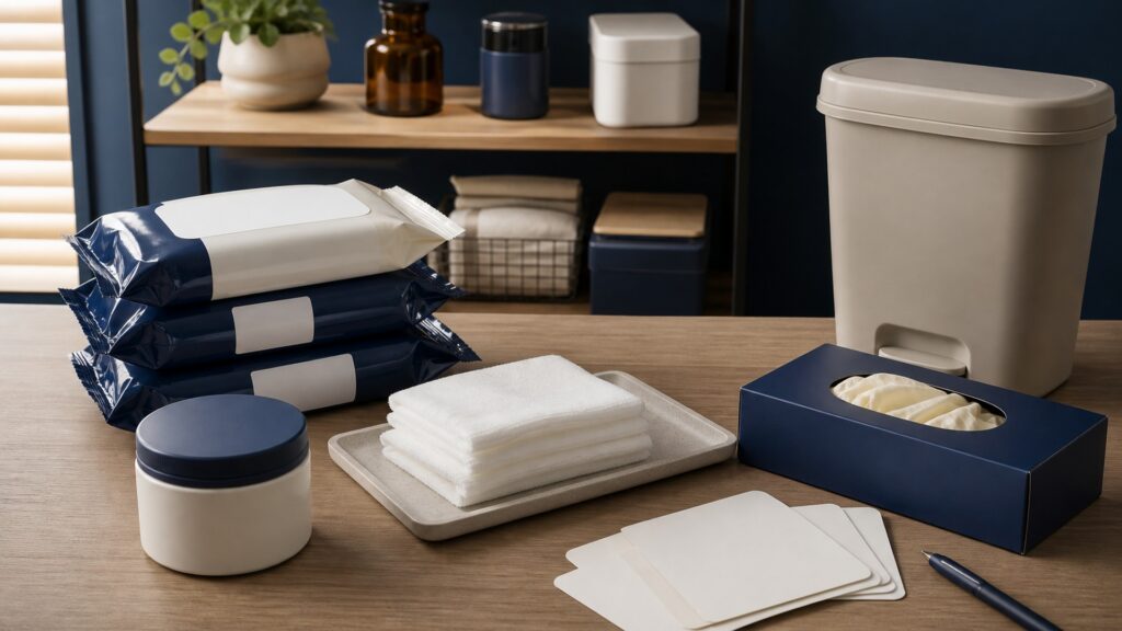 People-free editorial still life illustrating body area formulation ingredients size moisture friction passes residue drying skin reaction closure and disposal