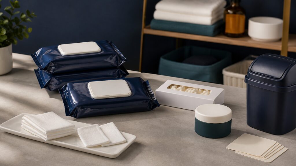 People-free editorial still life illustrating shared packs contaminated hands repeated passes scrubbing fragrance or alcohol irritation wounds flushing toilet residue moisture and missed skin damage