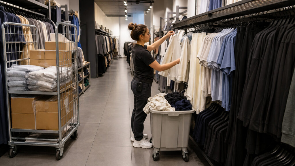 Editorial business scene illustrating clothing store fixtures data flow