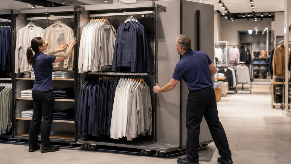 Editorial business scene illustrating clothing store fixtures permission structure