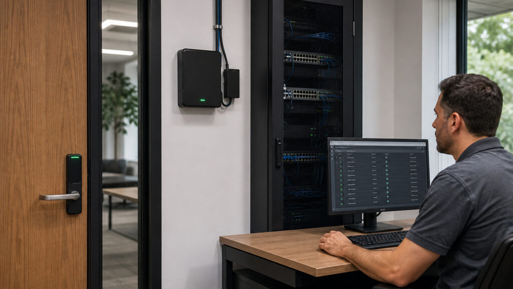 Editorial business scene illustrating cloud access control systems data flow
