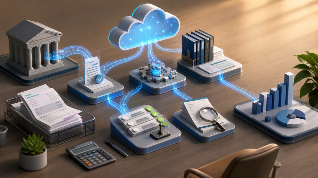 Editorial business scene illustrating cloud accounting software data flow