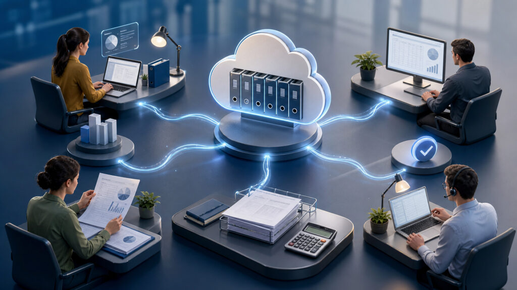 Editorial business scene illustrating cloud accounting software operating model