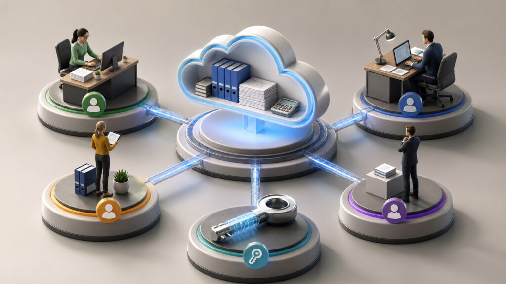 Editorial business scene illustrating cloud accounting software permission structure