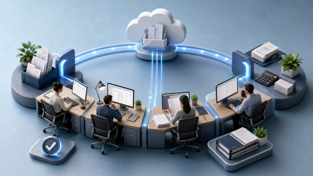 Editorial business scene illustrating cloud accounting software workflow role