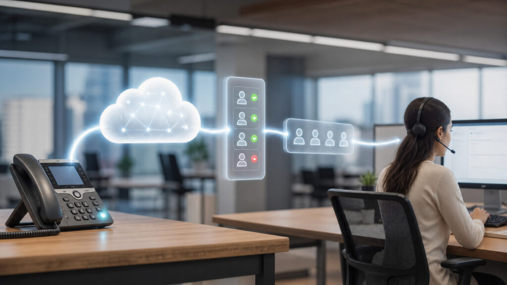Editorial business scene illustrating cloud call routing systems data flow