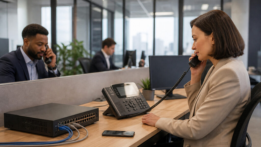 Editorial business scene illustrating cloud voip systems data flow