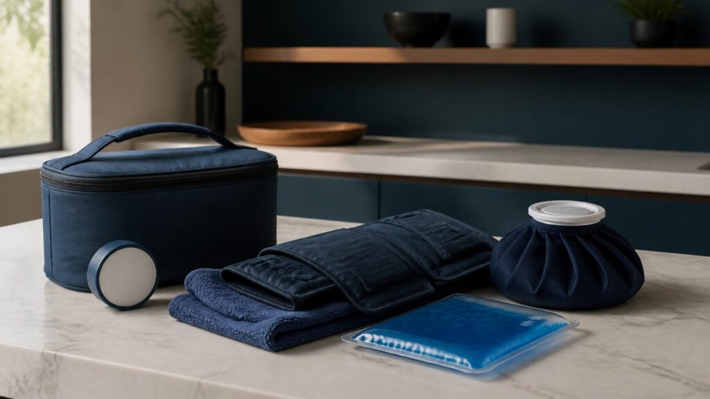 People-free editorial still life illustrating brief surface cooling and reversible sensory dampening