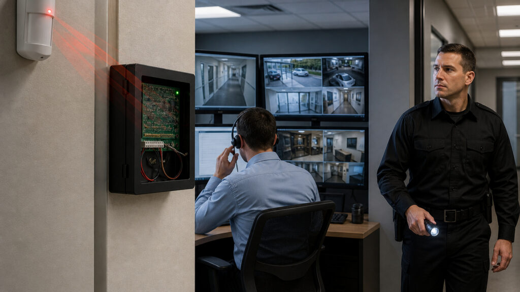 Editorial business scene illustrating commercial alarm systems data flow