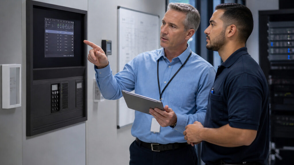 Editorial business scene illustrating commercial alarm systems operating model
