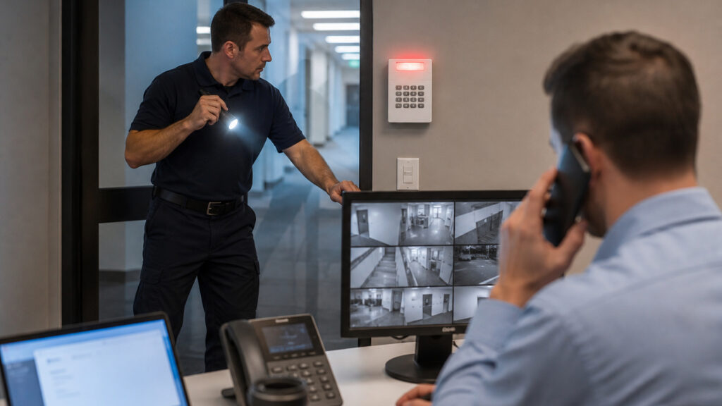 Editorial business scene illustrating commercial alarm systems workflow role