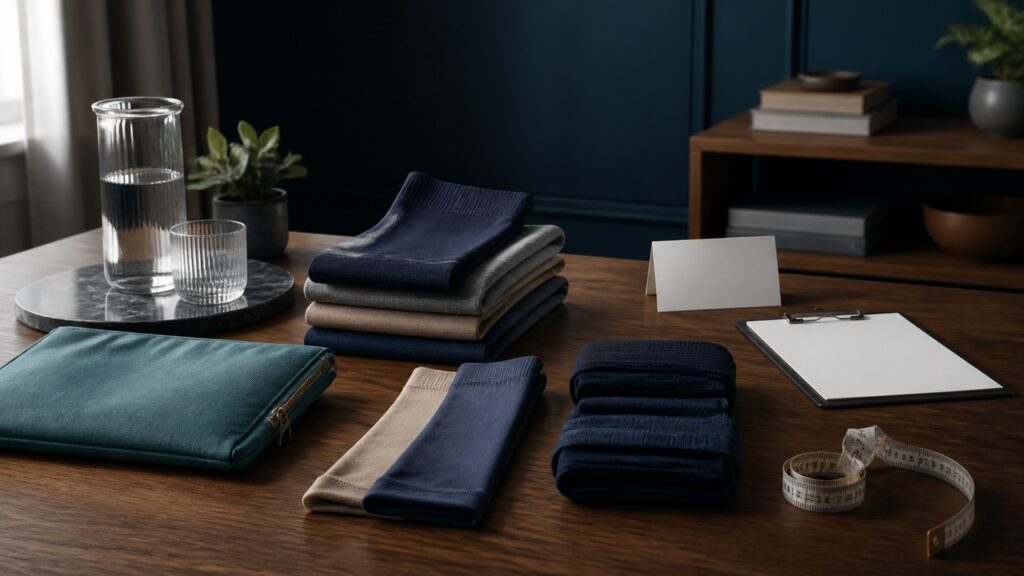 People-free editorial still life illustrating morning sizing garment smoothing and evening skin review