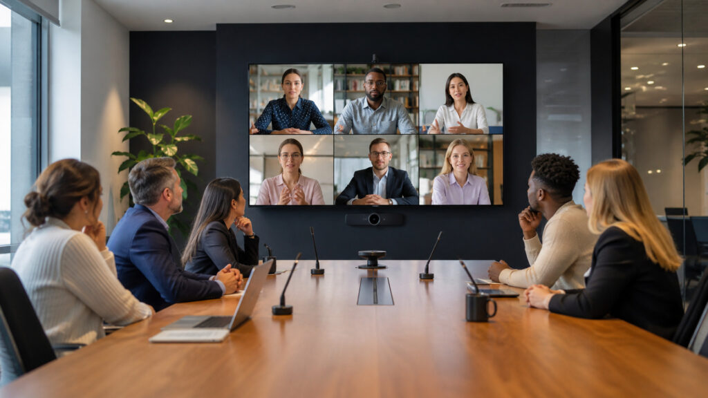 Editorial business scene illustrating conference room technology
