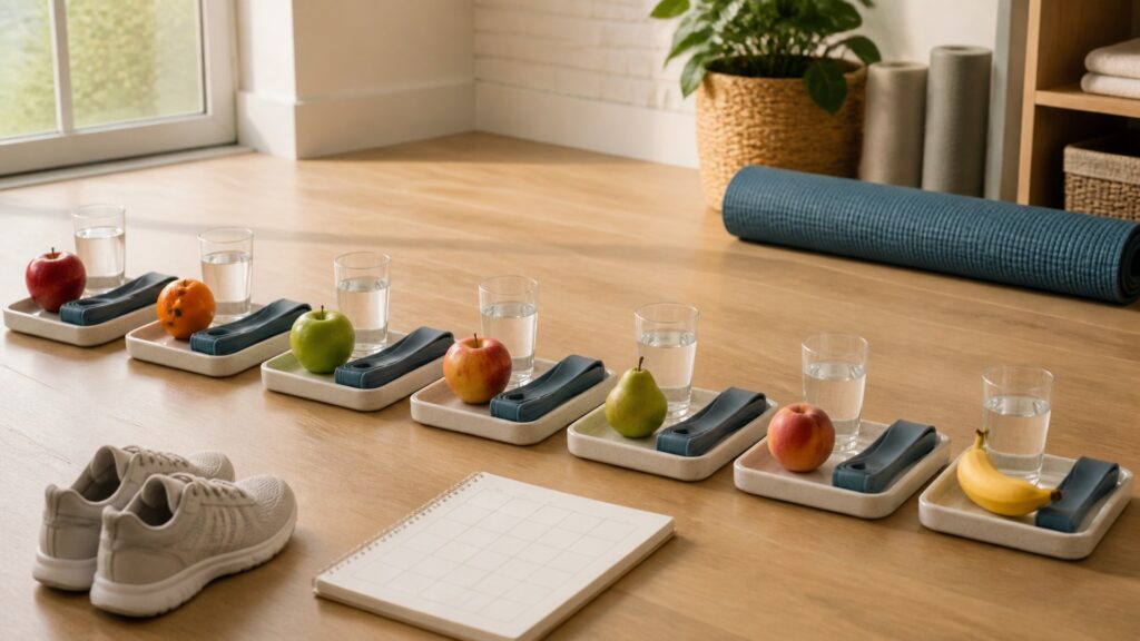 Seven repeated wellness trays with fruit, water, resistance bands, walking shoes, and a blank habit calendar