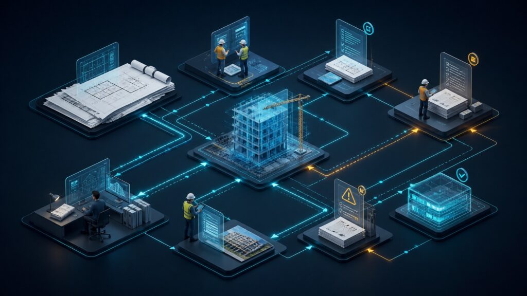 Editorial business scene illustrating construction project management software data flow