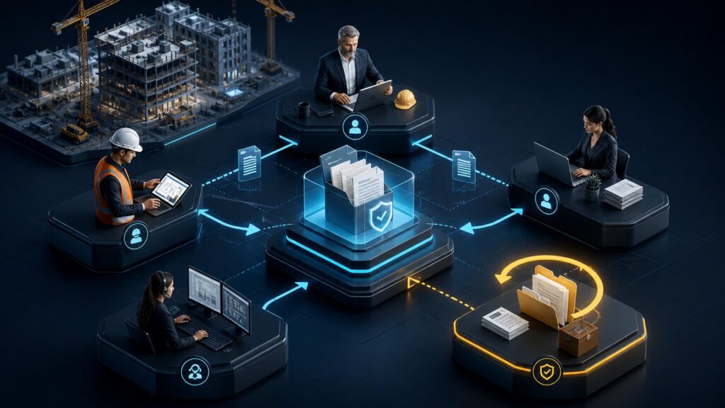 Editorial business scene illustrating construction project management software operating model