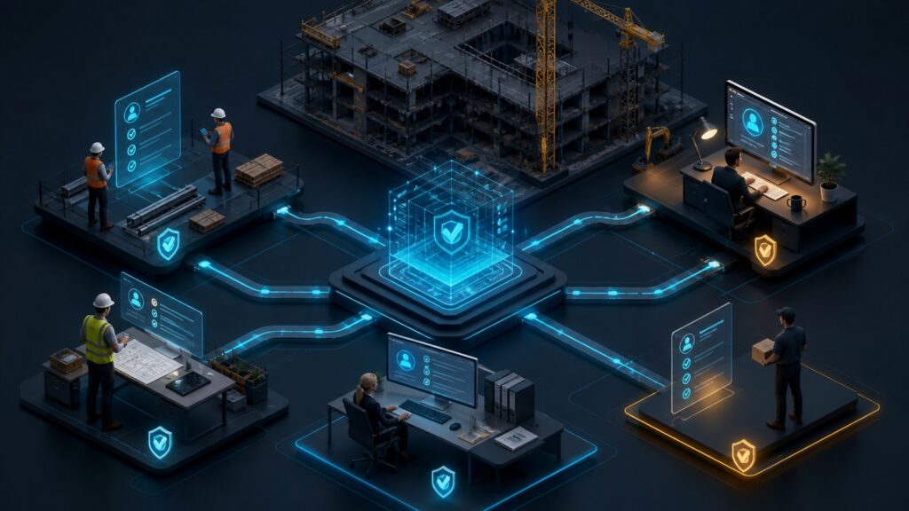 Editorial business scene illustrating construction project management software permission structure