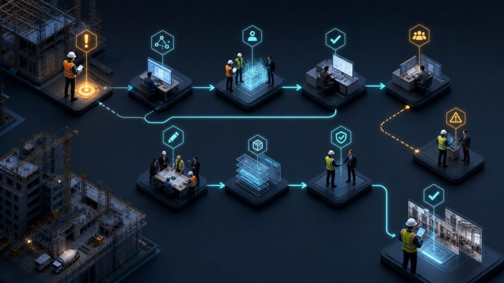 Editorial business scene illustrating construction project management software workflow role