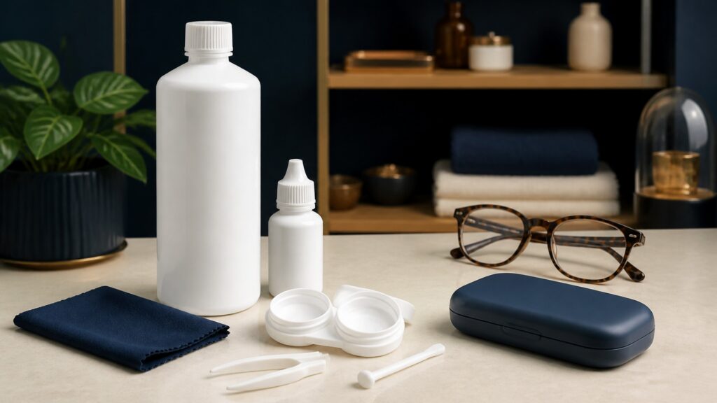 People-free editorial still life illustrating hand hygiene fresh solution case drying scheduled replacement backup glasses and symptom checks
