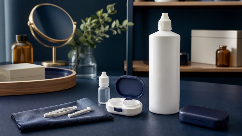 People-free editorial still life illustrating lens type solution compatibility case age water exposure storage time symptoms and replacement schedule
