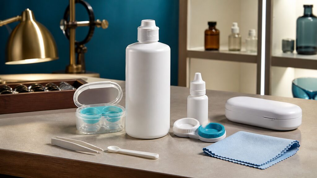 People-free editorial still life illustrating water contamination peroxide neutralization saline limits case hygiene infection signs and urgent eye symptoms
