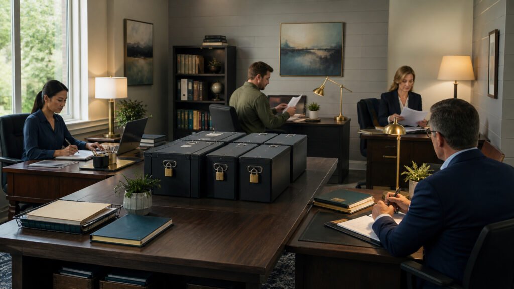 Editorial business scene illustrating corporate tax software permission structure