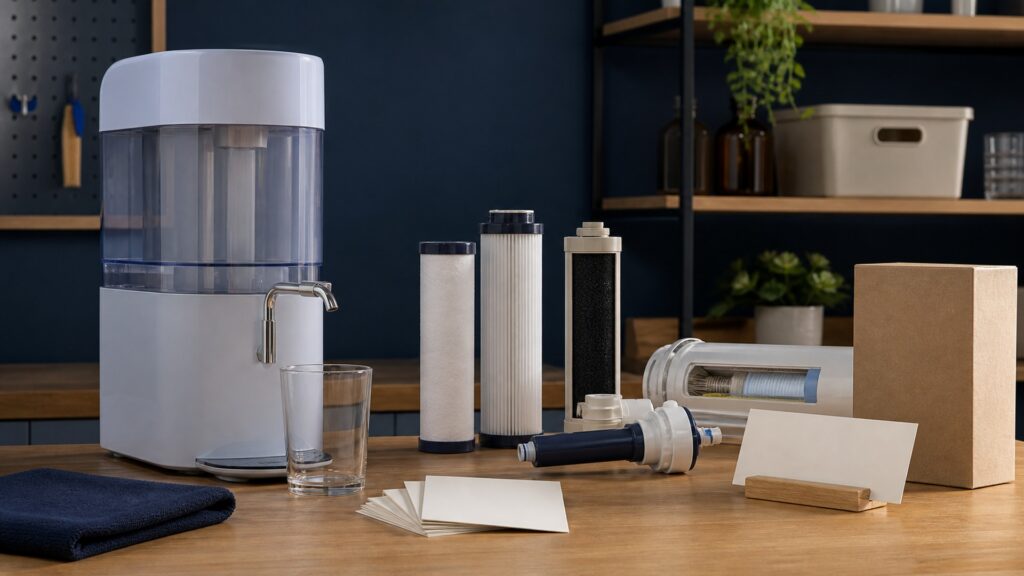People-free editorial still life illustrating unsupported claims microbial growth expired cartridge bypass boil advisory cross-contamination and sterile-water assumptions