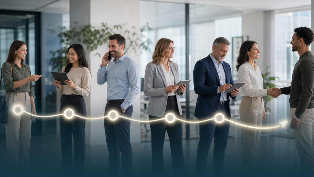 Editorial business scene illustrating (crm) software data flow
