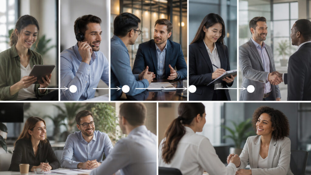 Editorial business scene illustrating (crm) software workflow role