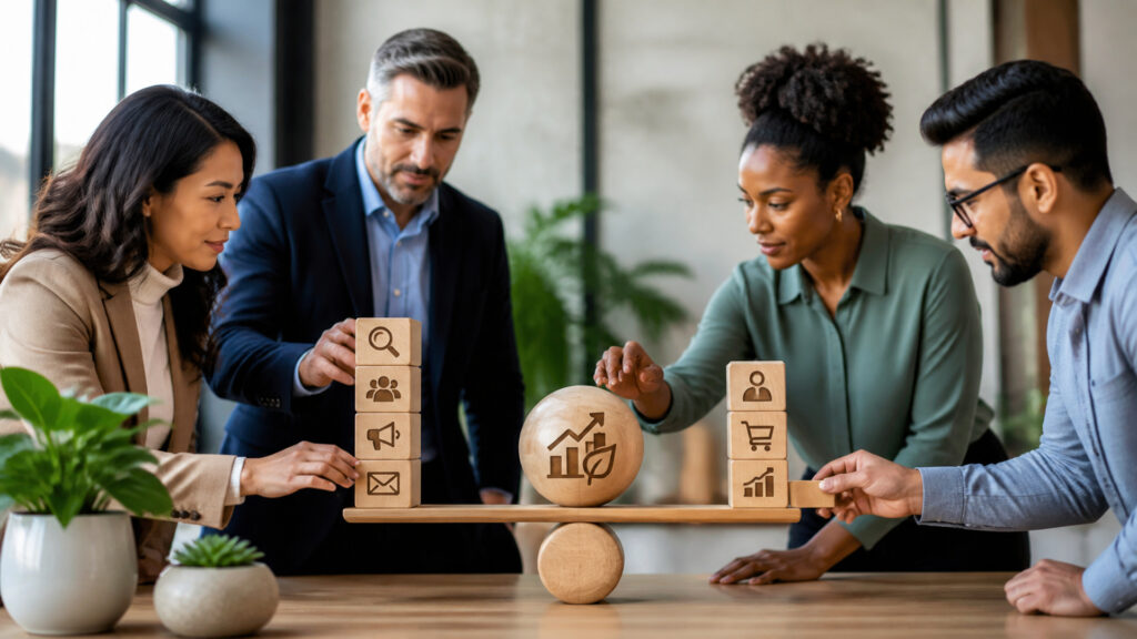 Editorial business scene illustrating customer acquisition