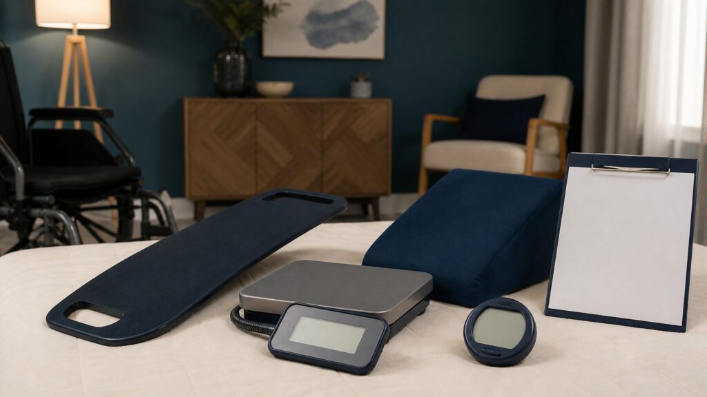 People-free editorial still life illustrating tracking assistance level completion and caregiver strain