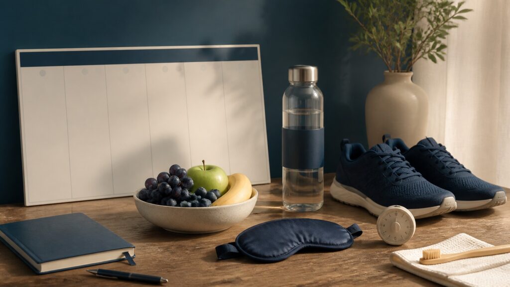 People-free editorial still life illustrating why daily wellness habits matter