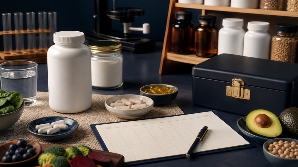 People-free editorial still life illustrating diet life stage label amount upper limit duplication medicine laboratory and cost context