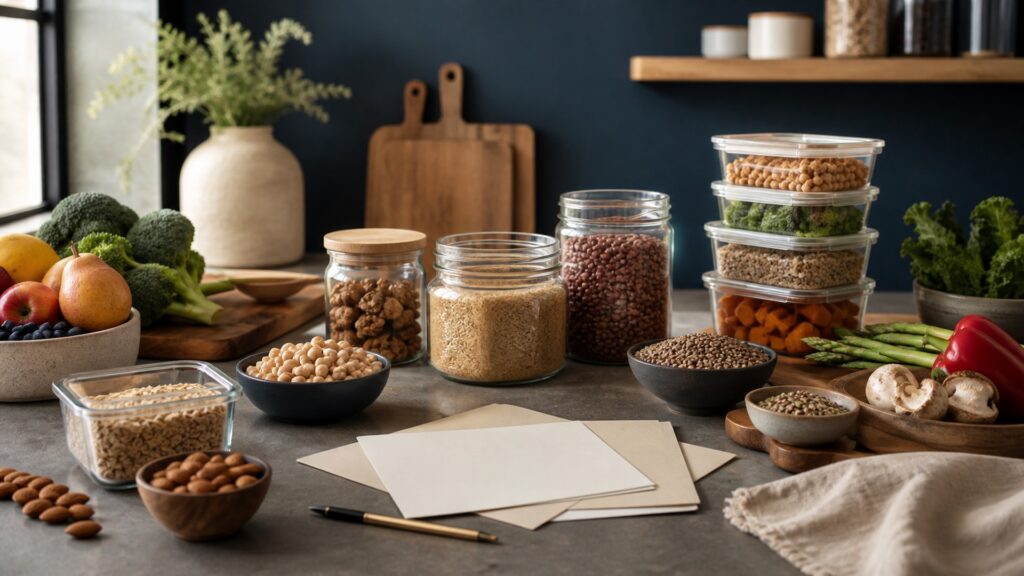 People-free editorial still life illustrating plan combine portion prepare store and review cycle
