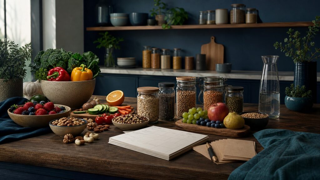 People-free editorial still life illustrating serving energy protein fiber sodium and pattern context