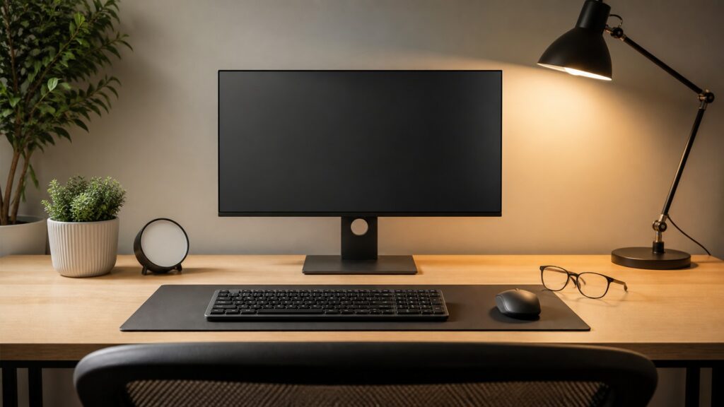 People-free editorial still life illustrating digital eye care