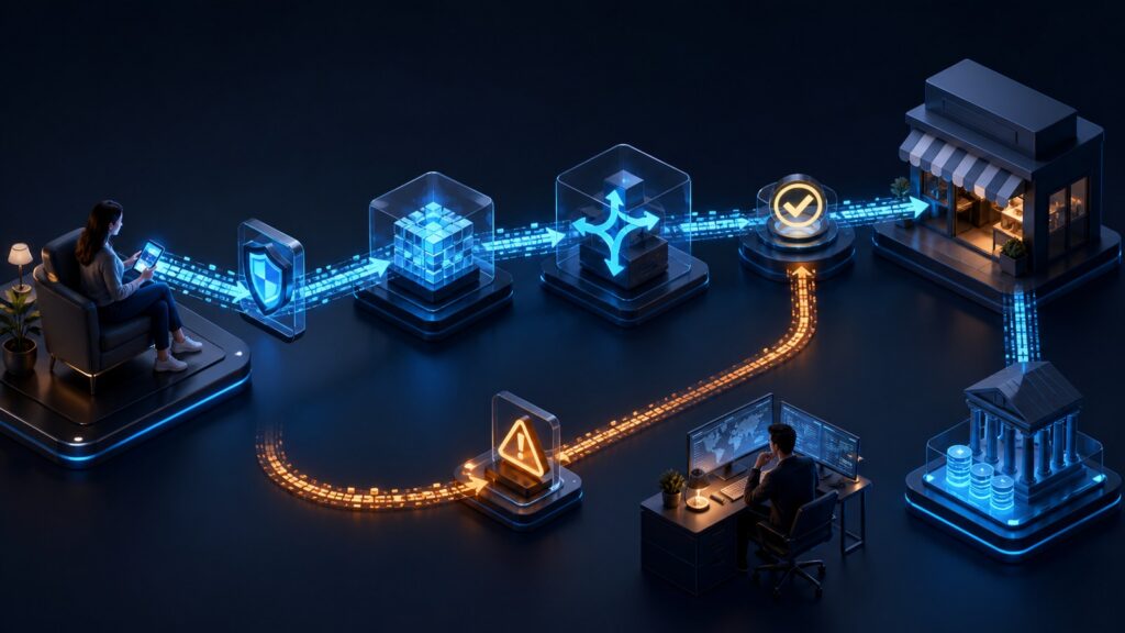 Editorial business scene illustrating digital payment platforms data flow