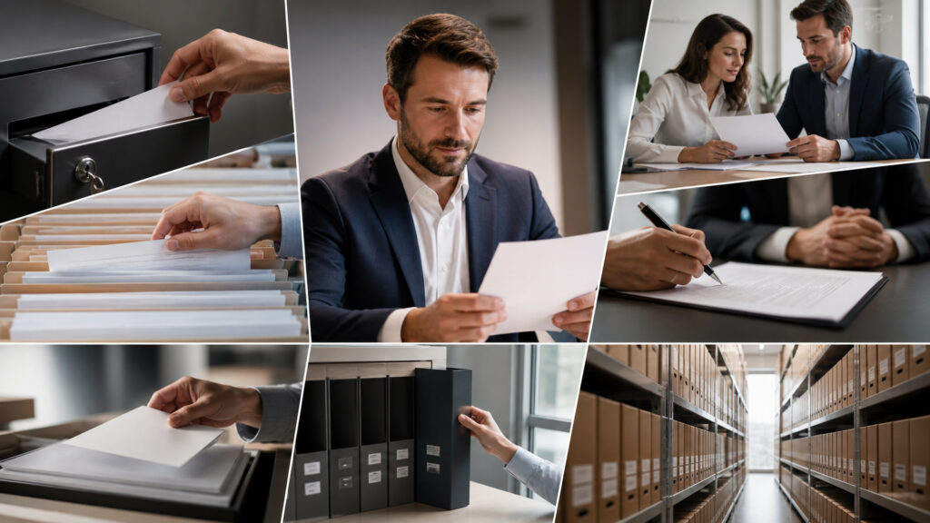 Editorial business scene illustrating document management software data flow